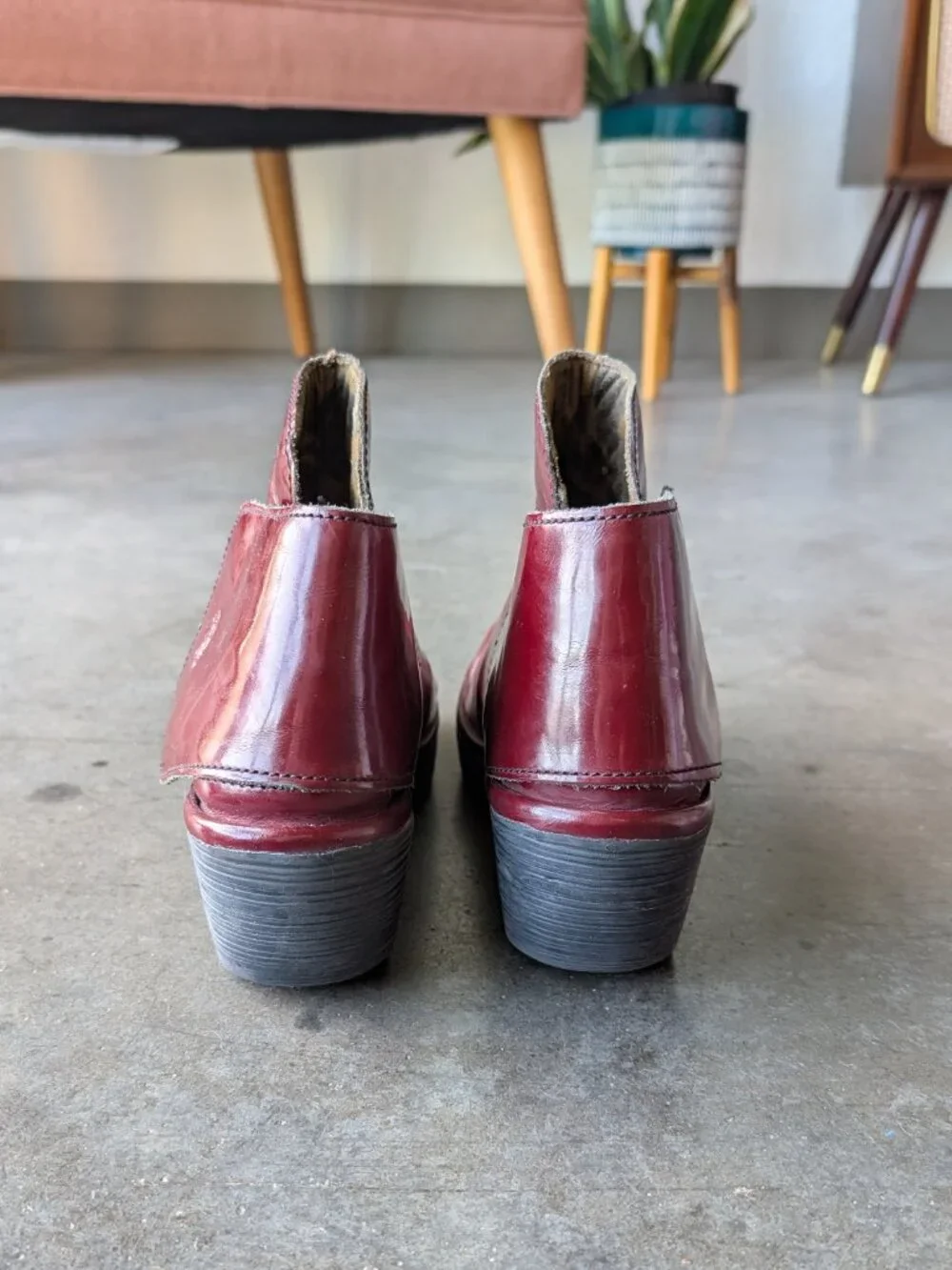 Fly London Yogi Leather Wedge Ankle Boots in Burgundy Red size 40